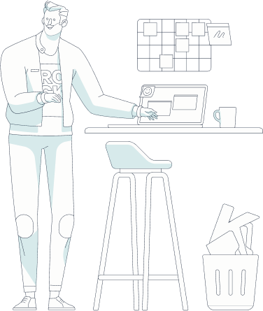 Illustratsioon mehest laua ees seismas; laual on laptop; mees žestikuleerib